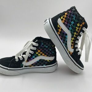 Vans Hi Top Filmore Sneakers Rainbow Check Skate Shoes Black Suede Missy Size 11